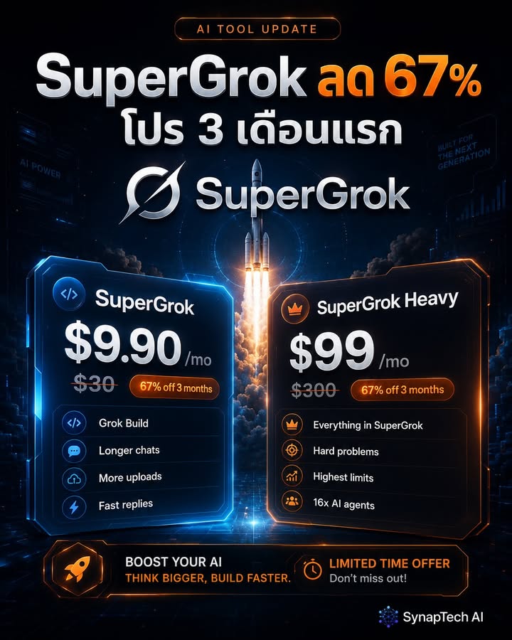 🚨 สงคราม AI เดือดจัด! SuperGrok หั่นราคา 67% ปล่อยฟีเจอร์ AI…